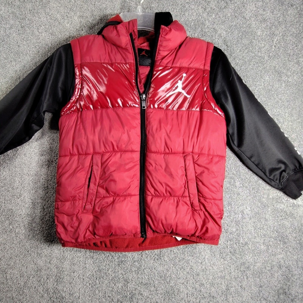 Jordan Puffer Vest Jacket Full Zip Sleeves Red Black Kids Size 6-7 Years
